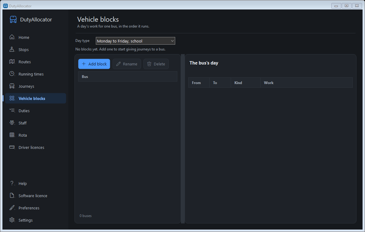 The Vehicle blocks screen in DutyAllocator, dark mode