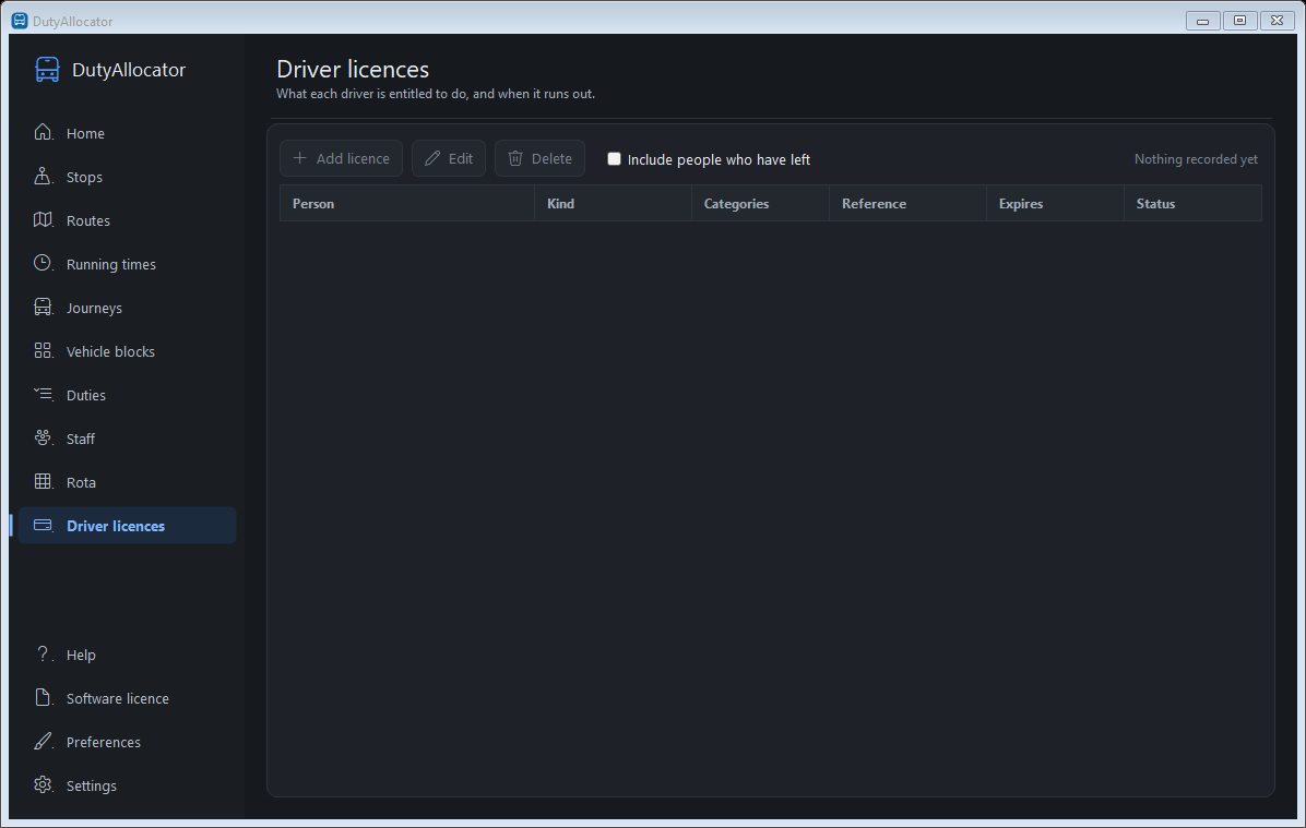 The Driver licences screen in DutyAllocator, dark mode