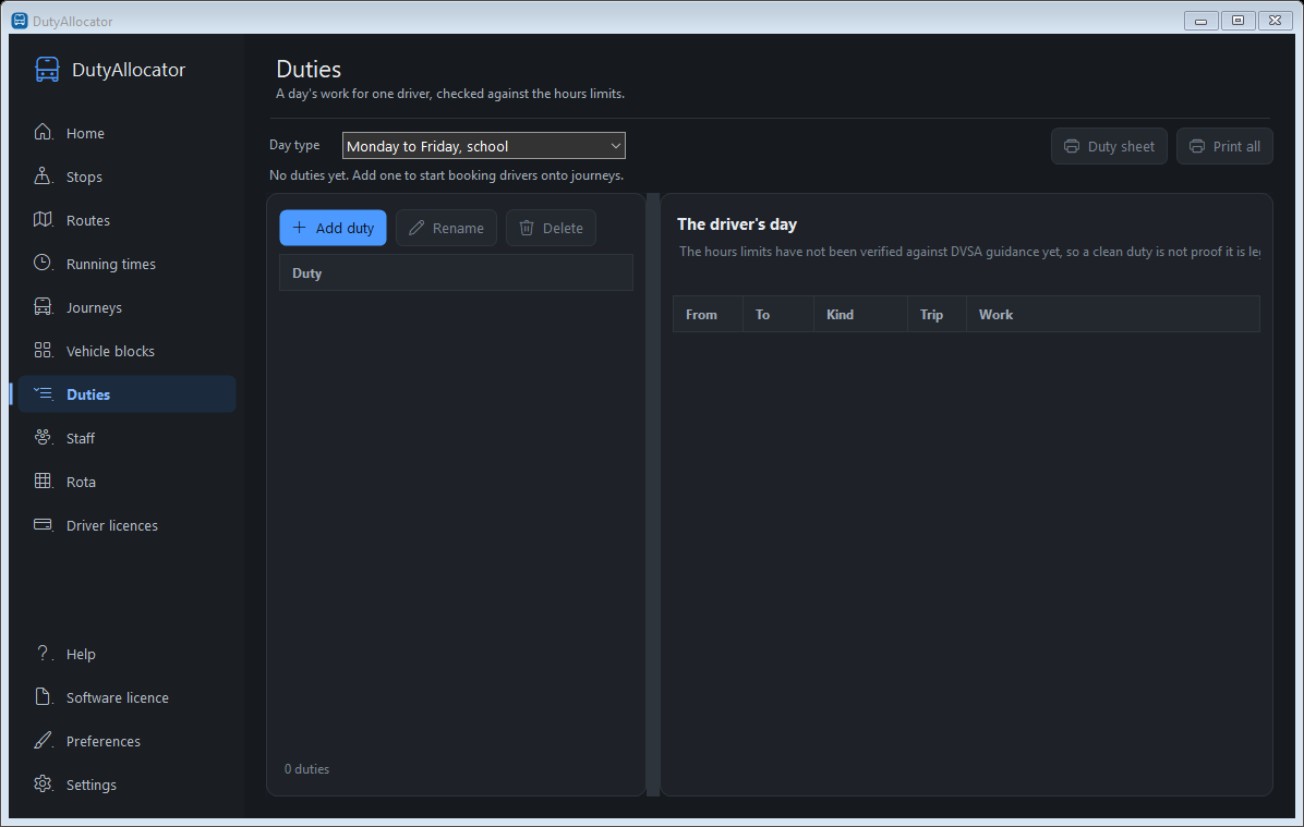 The Duties screen in dark mode